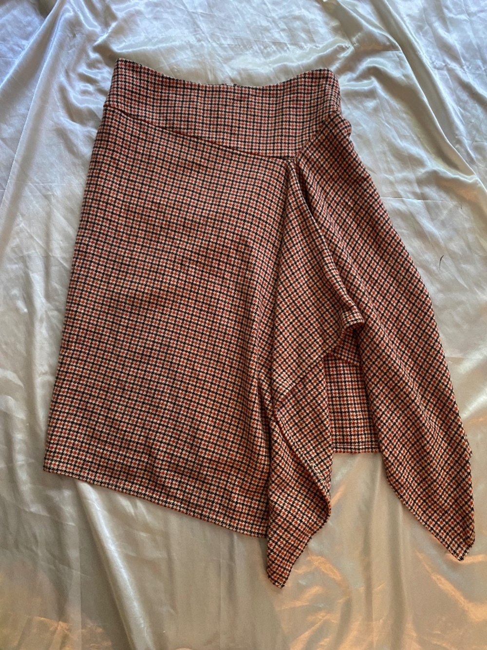 Brown & Orange Houndstooth Asymmetrical Wool Blend Midi Skirt Preppy Size 6P